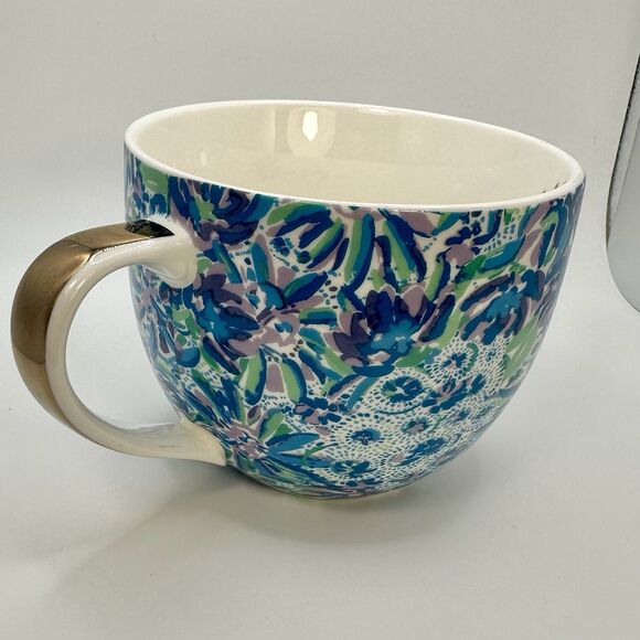 Lilly Pulitzer Coffee Mug Floral Gold Handle Ceramic Blue Purple  Tea Cup Signed - Picture 3 of 6